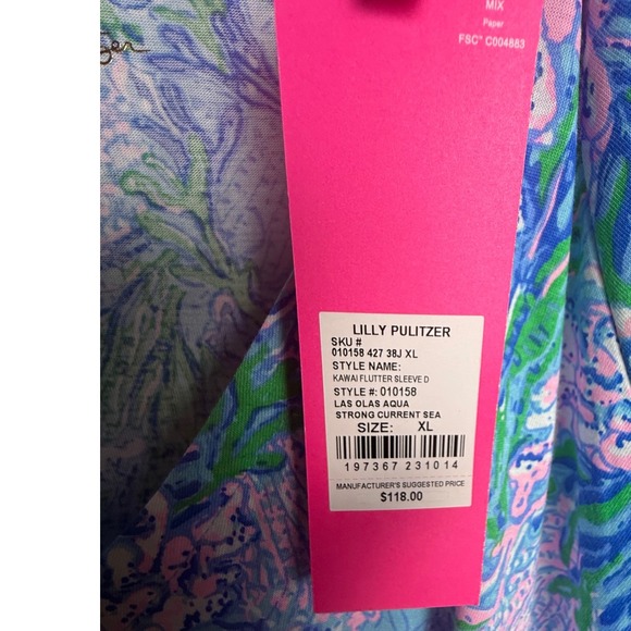 NWT Lilly Pulitzer XL Kawai Flutter Sleeve Dress Strong Current Sea - Picture 3 of 7